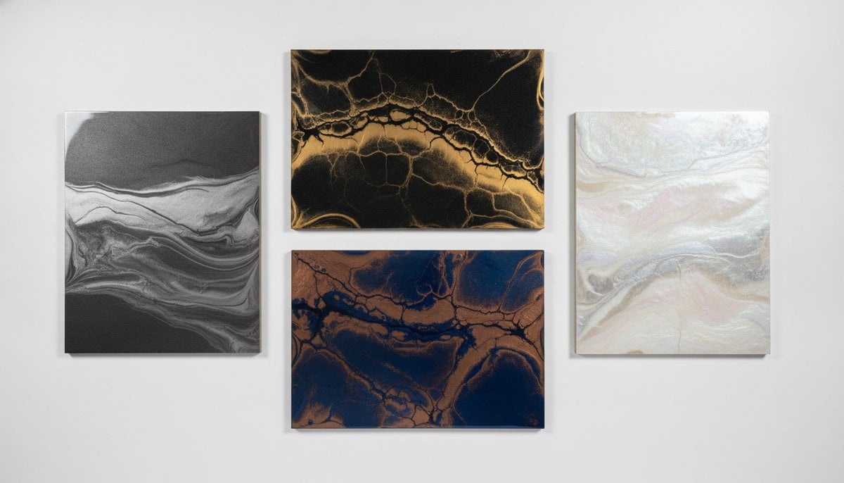 metallic epoxy floor colour samples showing charcoal silver black gold and pearl white options for Melbourne garages