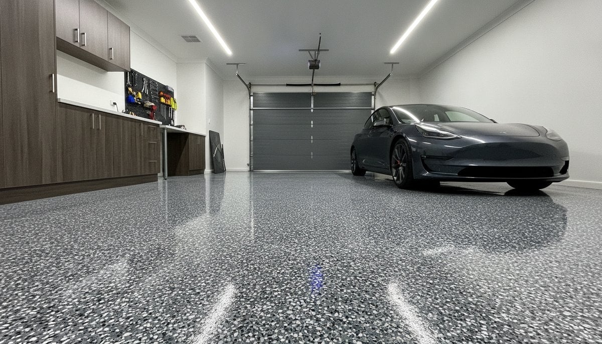 epoxy flake flooring installed in Melbourne residential double garage with charcoal and silver flake blend