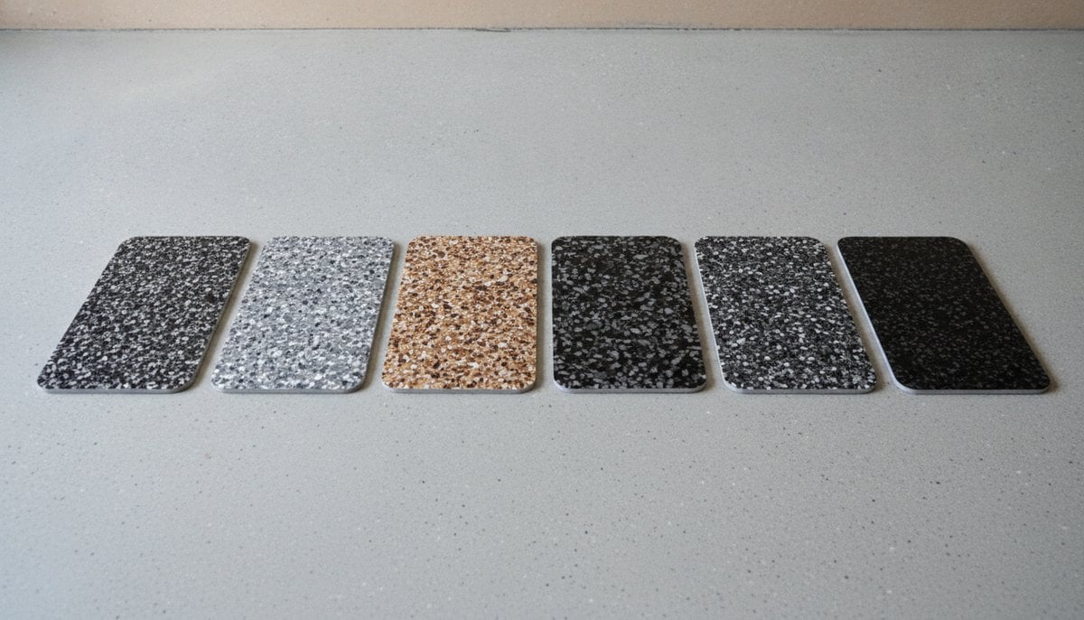 epoxy flake colour sample boards showing charcoal silver grey white and tan brown chip blends for Melbourne garage floors
