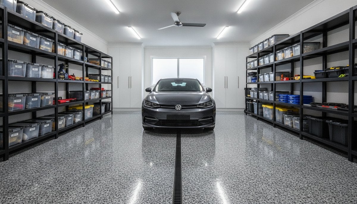 clean organised Melbourne garage with epoxy flake flooring showing the benefits of a professionally finished garage floor