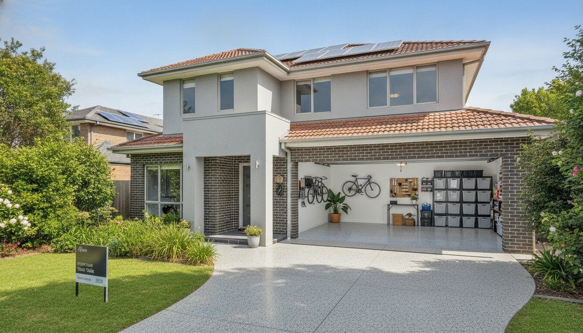 Melbourne home with open garage showing epoxy flake floor ready for sale presentation