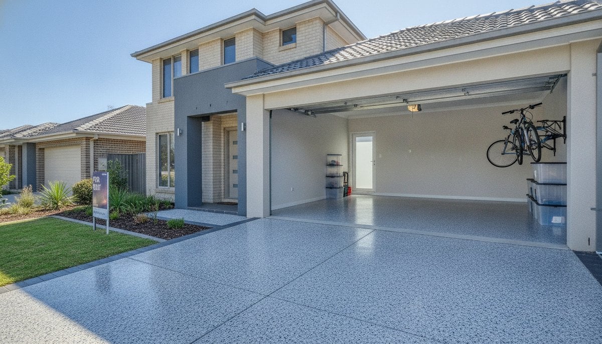 Melbourne investment property garage with epoxy flake flooring showing well-maintained rental home presentation