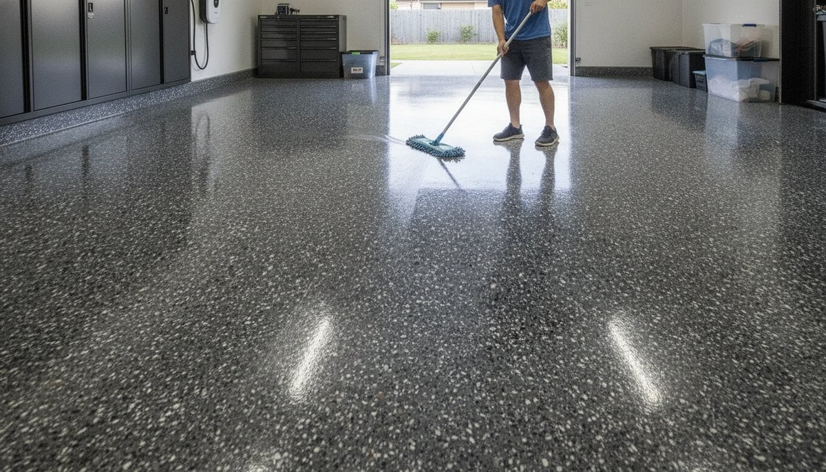 person cleaning epoxy flake garage floor with microfibre mop in Melbourne residential garage