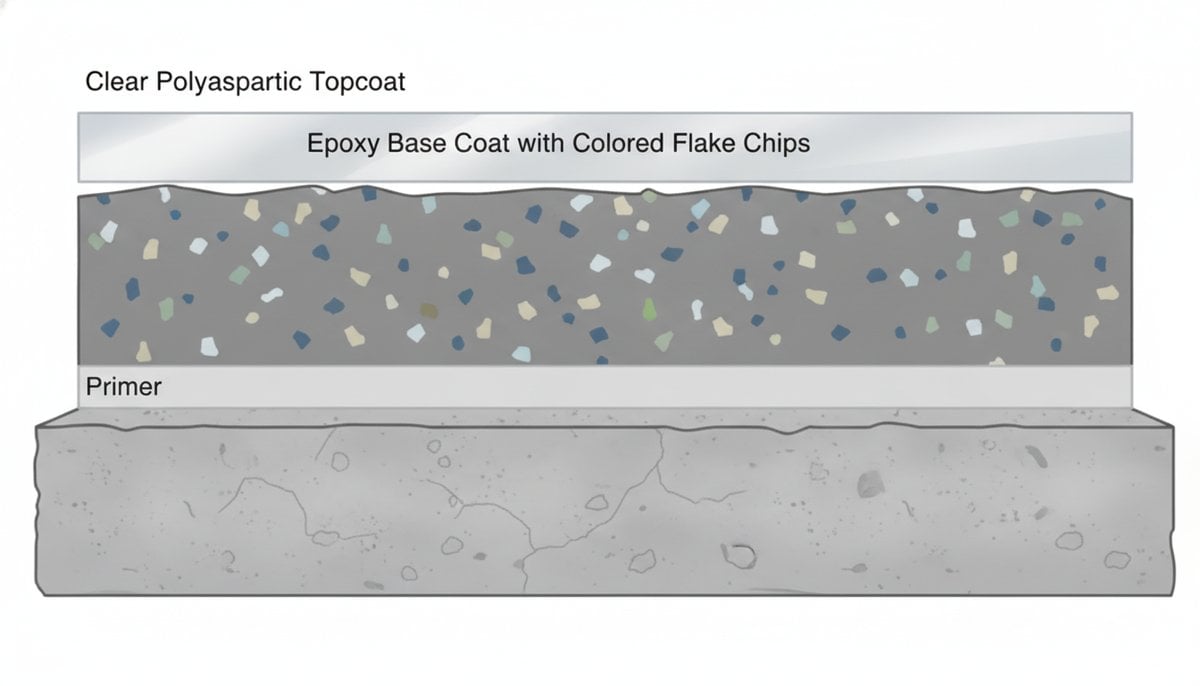 cross section illustration of epoxy garage floor layers showing primer base coat flake and polyaspartic topcoat
