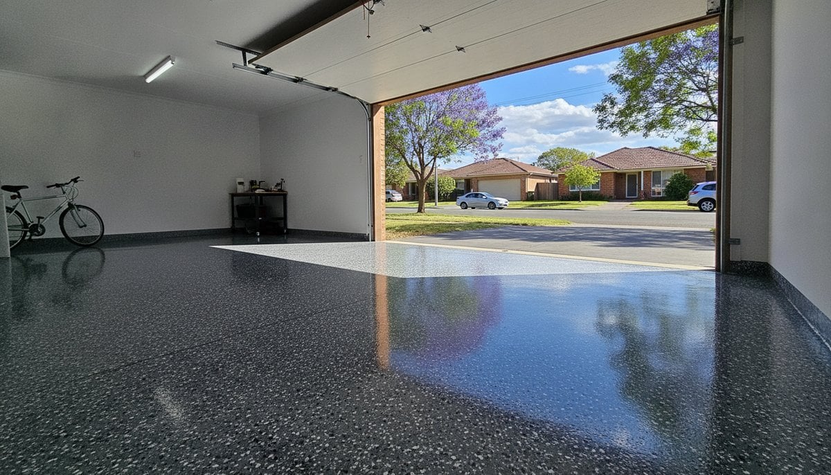 Melbourne suburban garage with epoxy flake floor visible on a sunny spring day showing how epoxy performs in Melbourne climate