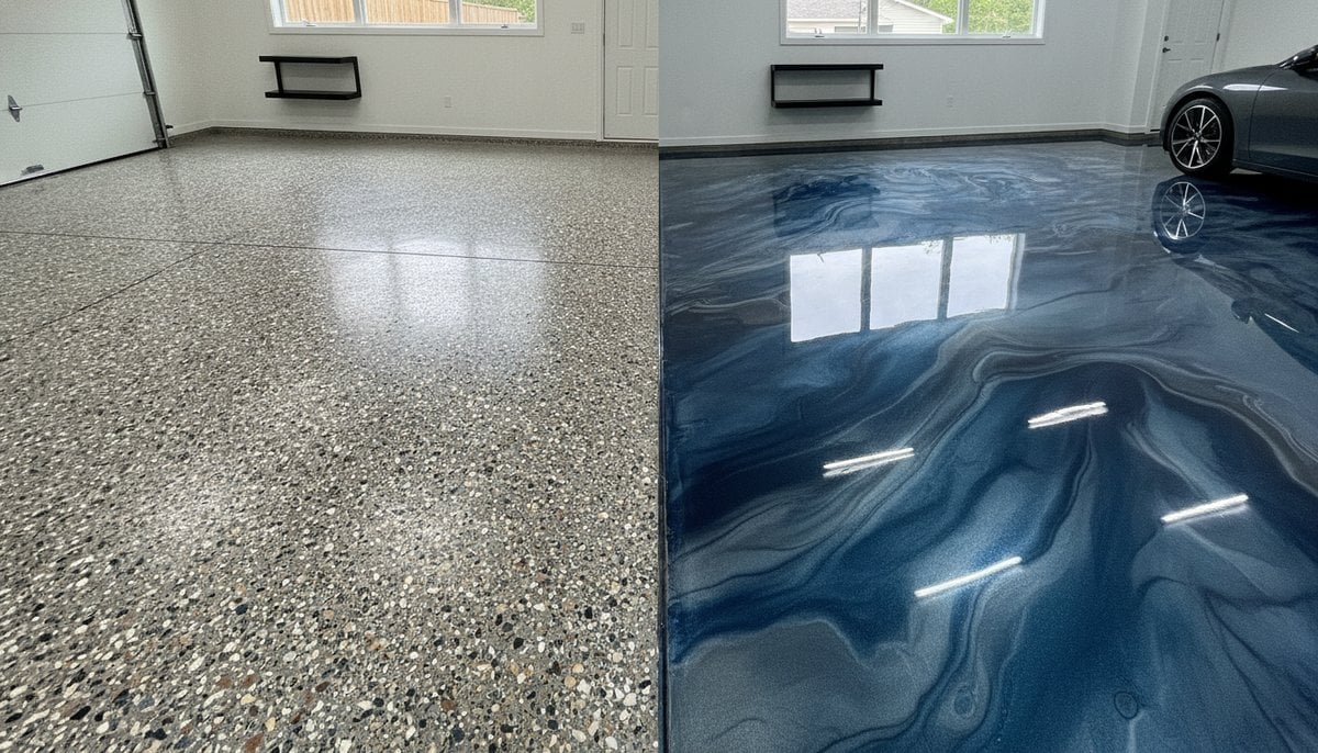 epoxy flake vs metallic epoxy flooring Melbourne garage comparison